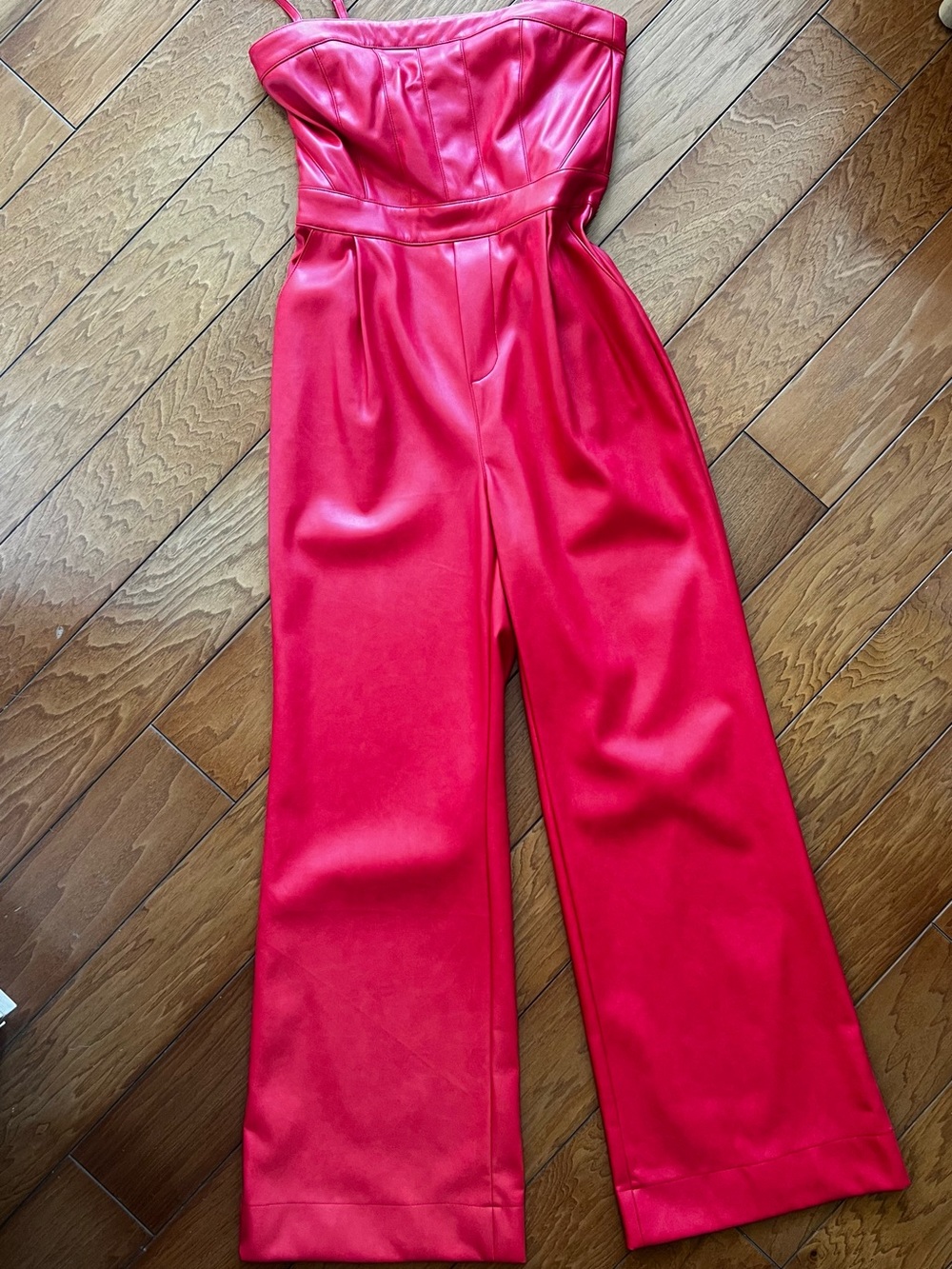 NWT Avec Les Filles Red Faux-Leather Wide-Leg Jumpsuit